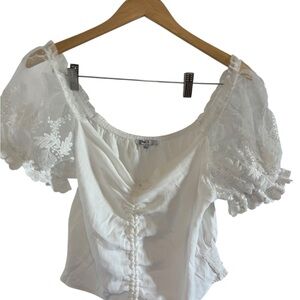 White Drawstring Crop Blouse with Lace Sleeves Size L